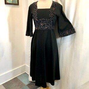 Vintage 1970s Black Floral Corset Detail Dress by Caroline of London